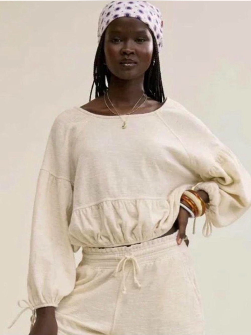 Aerie Endless Summer Cream Long Balloon Sleeve Crop Top S ivory